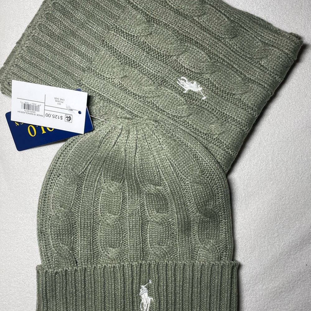 Ralph Lauren Sage Cable Knit Beanie and Scarf Set